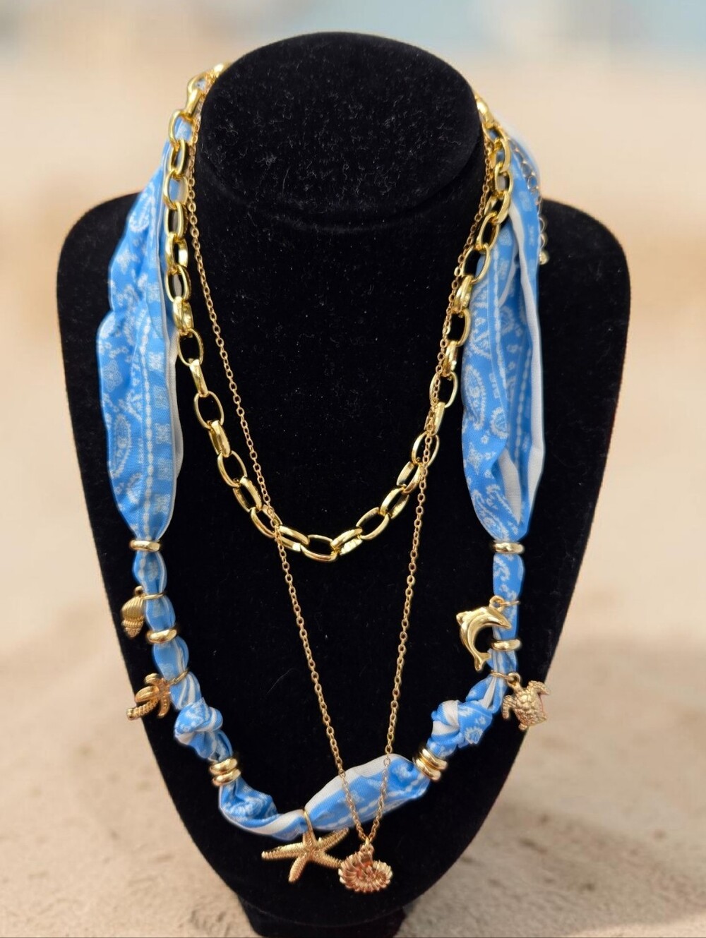 Boho Gold Chain & Blue Bandana Layered Necklace -